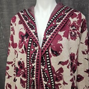 Rachel Zoe Womens Cardigan‎ Sweater Open Front Hooded Floral Print Wine Tan Med